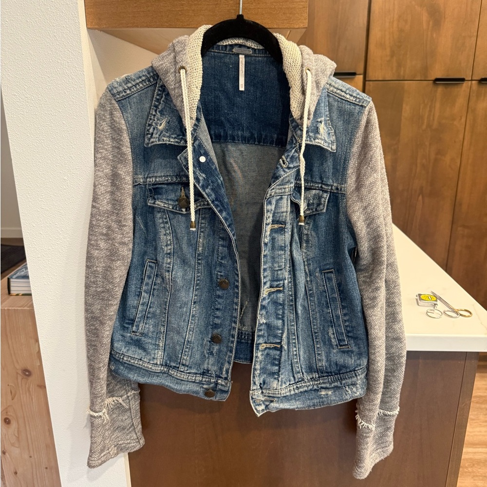 Free People Denim and Knit Hooded Jacket
